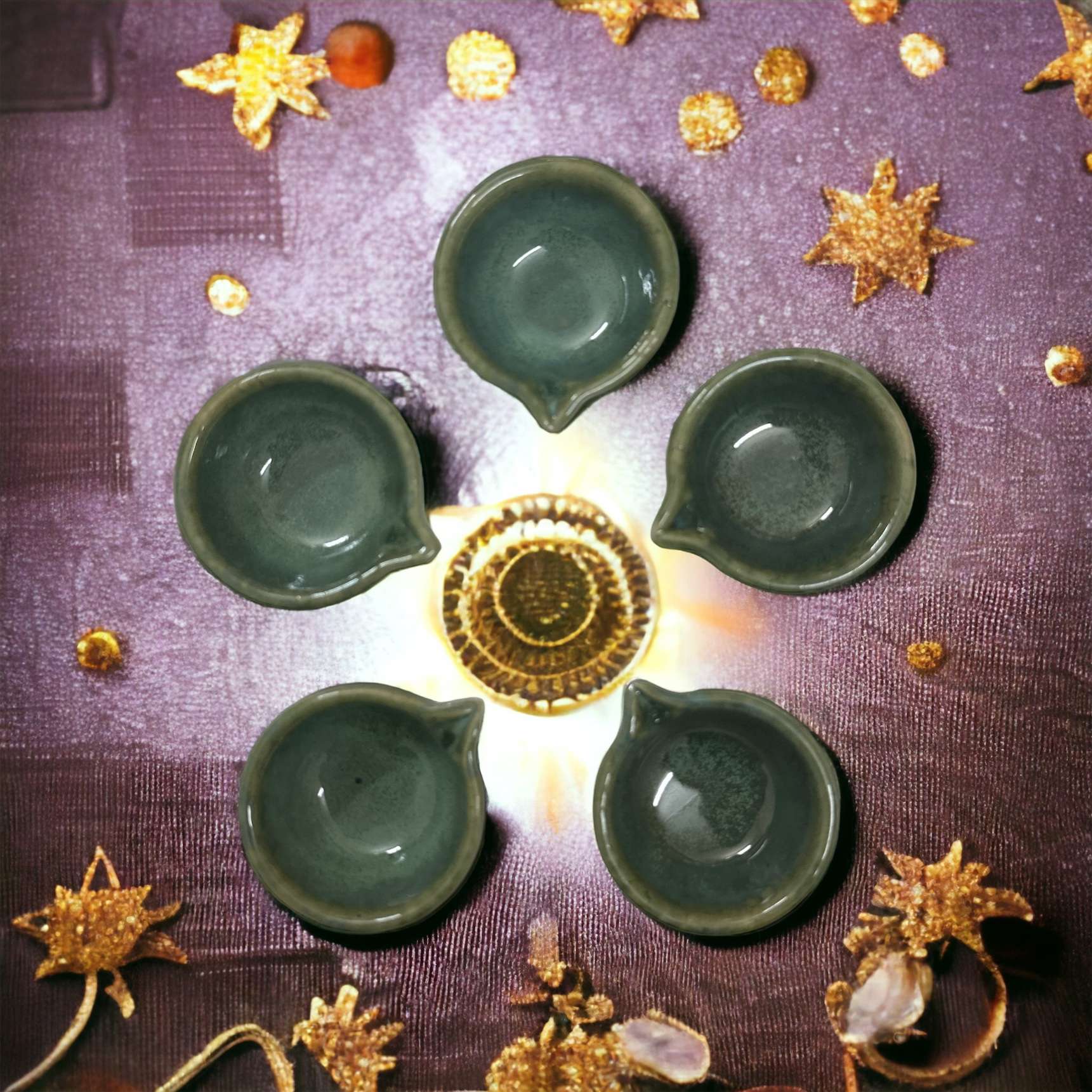 PhotoRoom-20231008-140739 Green Ceramic Diya Pack of 5