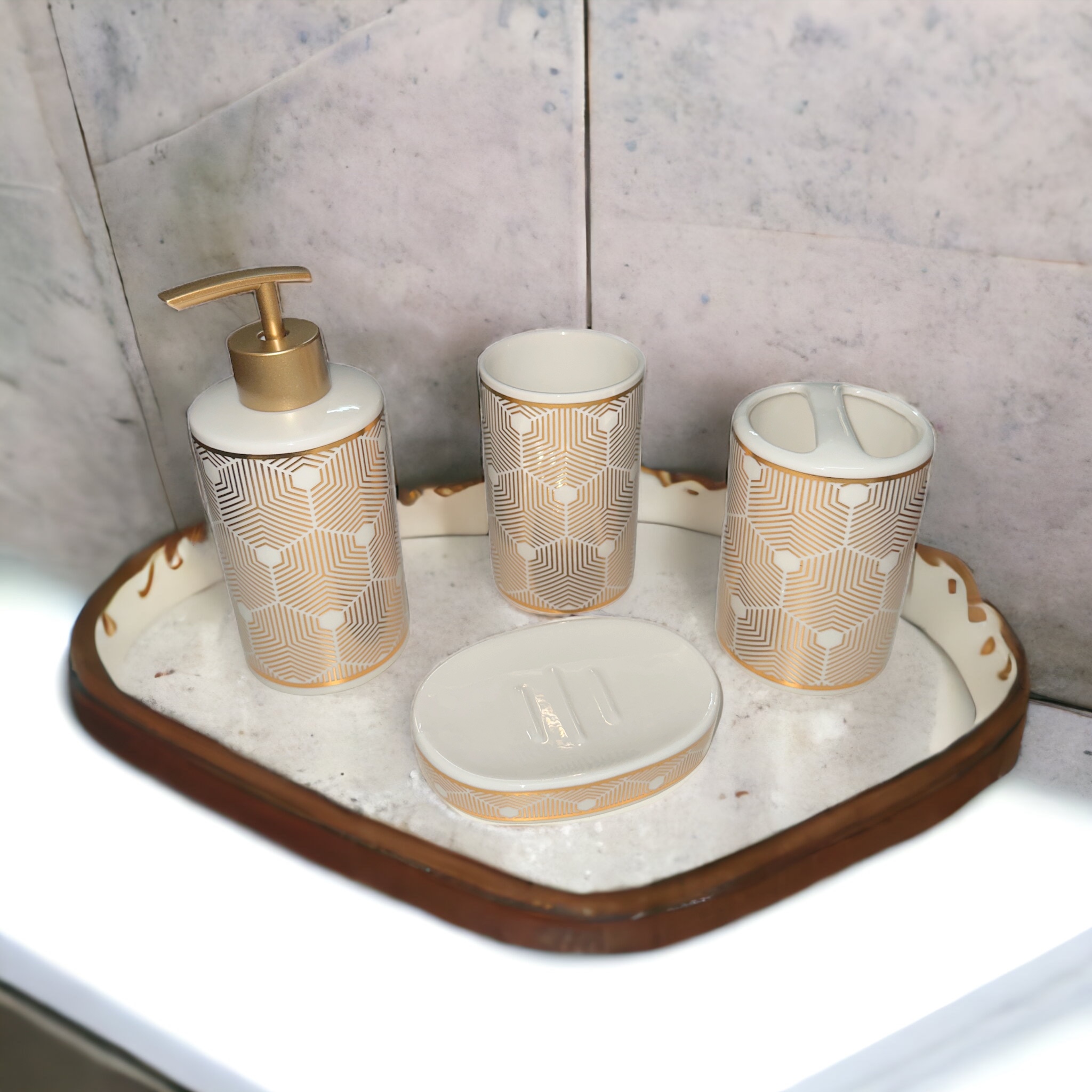 Bathroom Set 4 Pcs White Gold