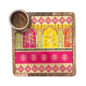 Mangowood Serving Dish Sqaure Platter with 1 Bowl Set | Multipurpose Appetizer Platter for Cakes & Snacks Kitchen and Restaurants Use (Design-10)