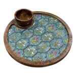 Mango Wood Serving Tray with Bowl | Rustic Chip & Dip Platter | Multipurpose Appetizer Tray | Snacks Platter Kitchen Restaurants Use (Leaf Print)