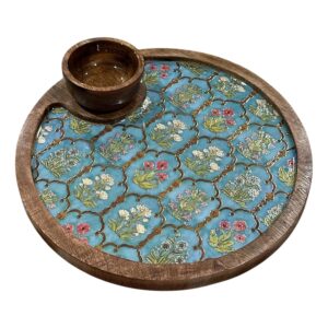 Mango Wood Serving Tray with Bowl | Rustic Chip & Dip Platter | Multipurpose Appetizer Tray | Snacks Platter Kitchen Restaurants Use (Leaf Print)