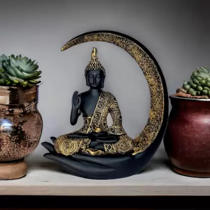 Meditating Buddha Sitting On Chand Figurine - Home & Office Table Top - Decorative Showpiece - 31 cm  (Resin, Black, Gold)